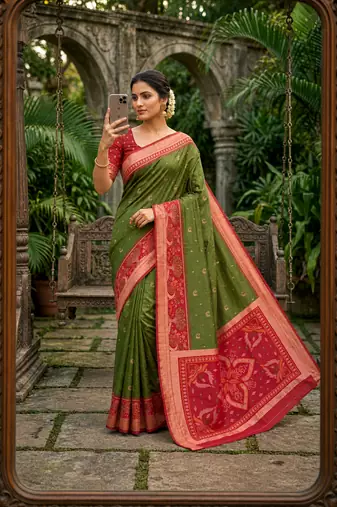 Green soft silk blend pochampalli saree with zari weaving meenakari design