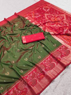 Green soft silk blend pochampalli saree with zari weaving meenakari design 5
