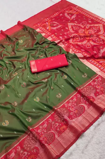 Green soft silk blend pochampalli saree with zari weaving meenakari design