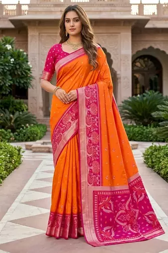 Orange soft silk blend pochampalli saree with zari weaving meenakari design