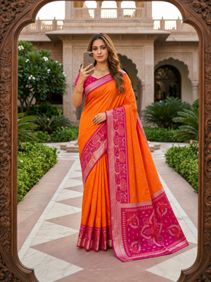 Orange soft silk blend pochampalli saree with zari weaving meenakari design 2