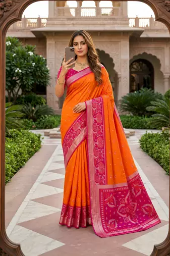 Orange soft silk blend pochampalli saree with zari weaving meenakari design