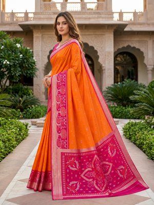 Orange soft silk blend pochampalli saree with zari weaving meenakari design 3