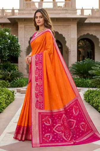 Orange soft silk blend pochampalli saree with zari weaving meenakari design