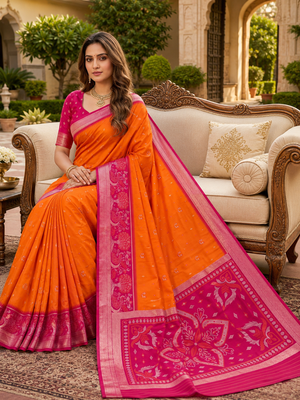 Orange soft silk blend pochampalli saree with zari weaving meenakari design 4