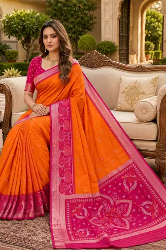 Orange soft silk blend pochampalli saree with zari weaving meenakari design