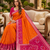 Orange soft silk blend pochampalli saree with zari weaving meenakari design