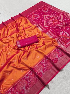 Orange soft silk blend pochampalli saree with zari weaving meenakari design 5