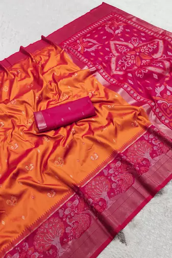 Orange soft silk blend pochampalli saree with zari weaving meenakari design