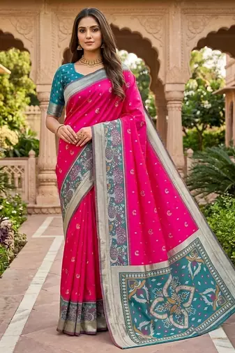 Pink soft silk blend pochampalli saree with zari weaving meenakari design