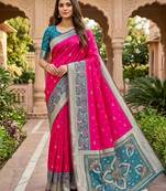 Pink soft silk blend pochampalli saree with zari weaving meenakari design