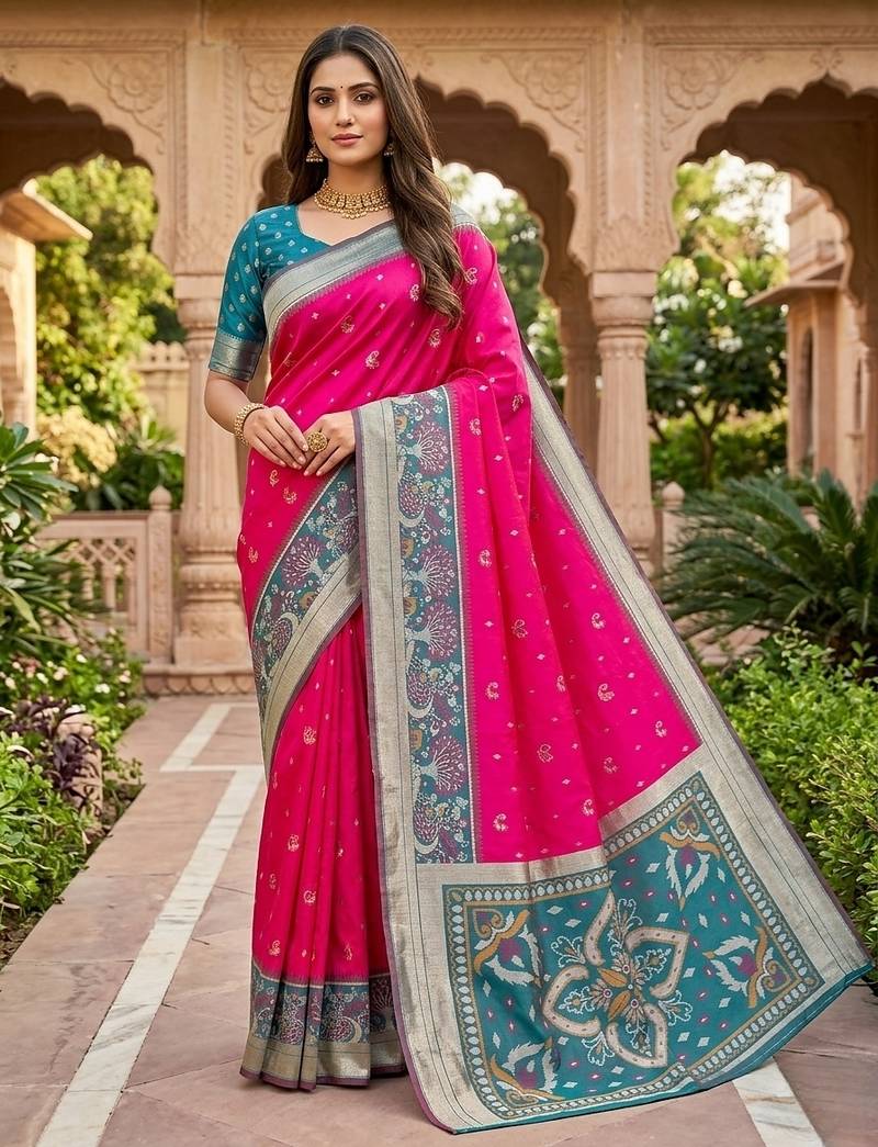 Pink soft silk blend pochampalli saree with zari weaving meenakari design