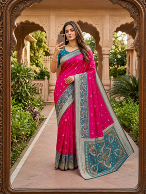 Pink soft silk blend pochampalli saree with zari weaving meenakari design 2