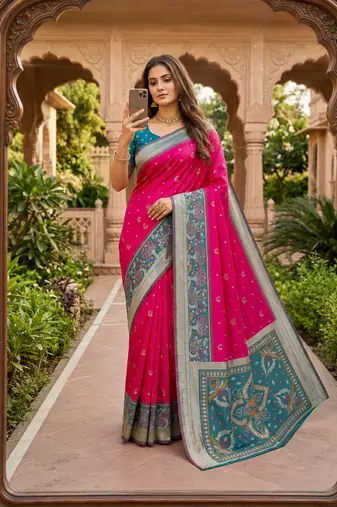 Pink soft silk blend pochampalli saree with zari weaving meenakari design