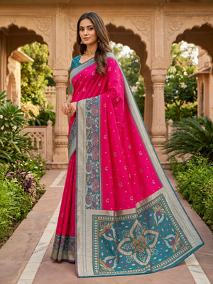 Pink soft silk blend pochampalli saree with zari weaving meenakari design 3