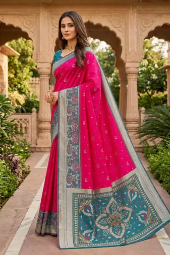 Pink soft silk blend pochampalli saree with zari weaving meenakari design