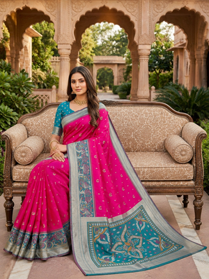 Pink soft silk blend pochampalli saree with zari weaving meenakari design 4