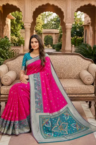 Pink soft silk blend pochampalli saree with zari weaving meenakari design