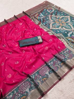 Pink soft silk blend pochampalli saree with zari weaving meenakari design 5