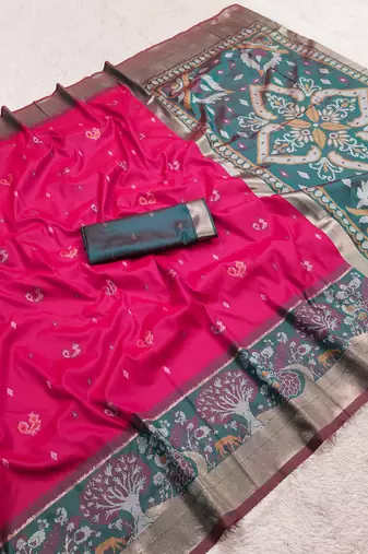 Pink soft silk blend pochampalli saree with zari weaving meenakari design