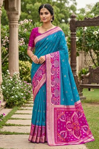 Sky blue soft silk blend pochampalli saree with zari weaving meenakari design