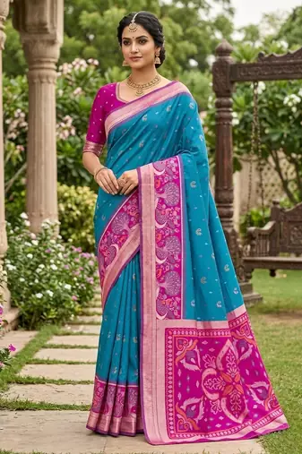 Sky blue soft silk blend pochampalli saree with zari weaving meenakari design
