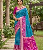 Sky blue soft silk blend pochampalli saree with zari weaving meenakari design