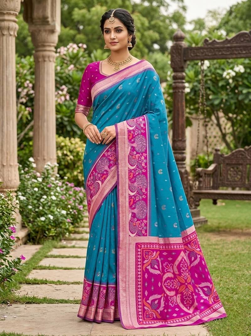 Sky blue soft silk blend pochampalli saree with zari weaving meenakari design