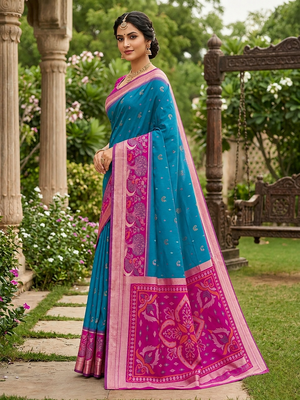 Sky blue soft silk blend pochampalli saree with zari weaving meenakari design 2