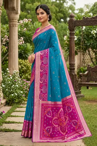 Sky blue soft silk blend pochampalli saree with zari weaving meenakari design