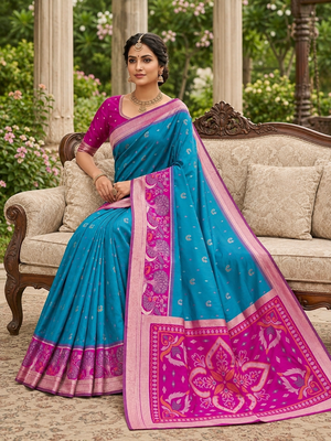 Sky blue soft silk blend pochampalli saree with zari weaving meenakari design 3