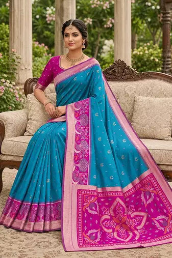 Sky blue soft silk blend pochampalli saree with zari weaving meenakari design