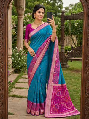 Sky blue soft silk blend pochampalli saree with zari weaving meenakari design 4