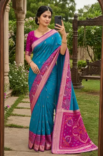 Sky blue soft silk blend pochampalli saree with zari weaving meenakari design