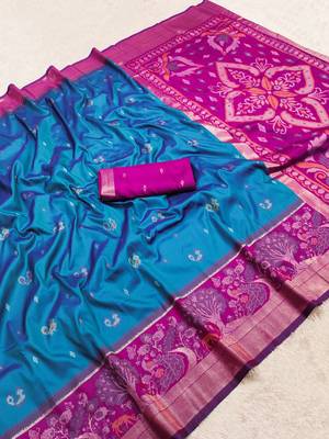 Sky blue soft silk blend pochampalli saree with zari weaving meenakari design 5