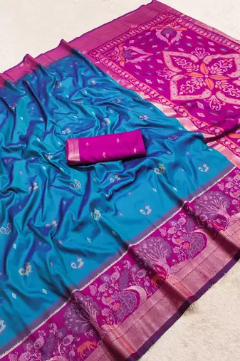 Sky blue soft silk blend pochampalli saree with zari weaving meenakari design