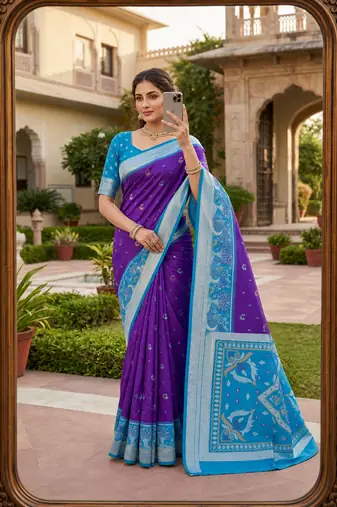 Purple soft silk blend pochampalli saree with zari weaving meenakari design