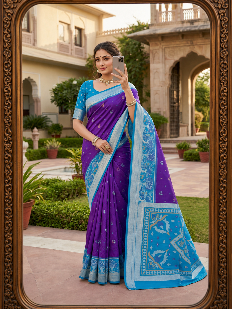 Purple soft silk blend pochampalli saree with zari weaving meenakari design