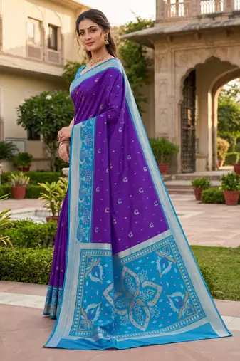 Purple soft silk blend pochampalli saree with zari weaving meenakari design