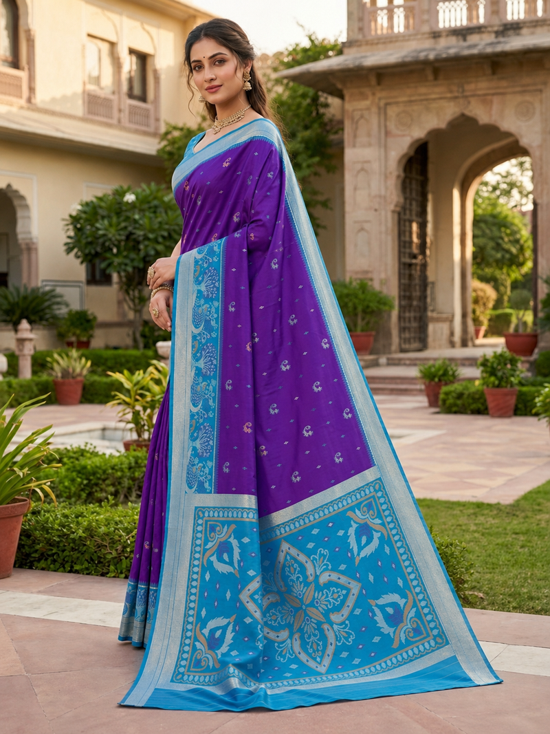 Purple soft silk blend pochampalli saree with zari weaving meenakari design