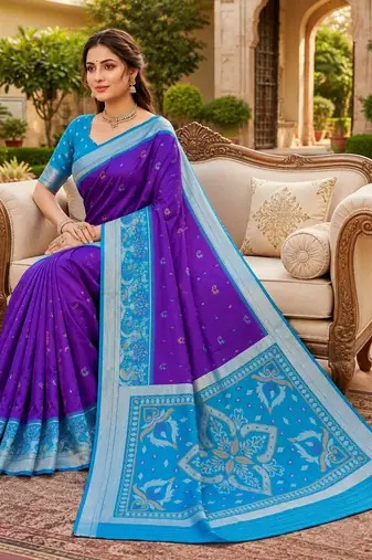 Purple soft silk blend pochampalli saree with zari weaving meenakari design