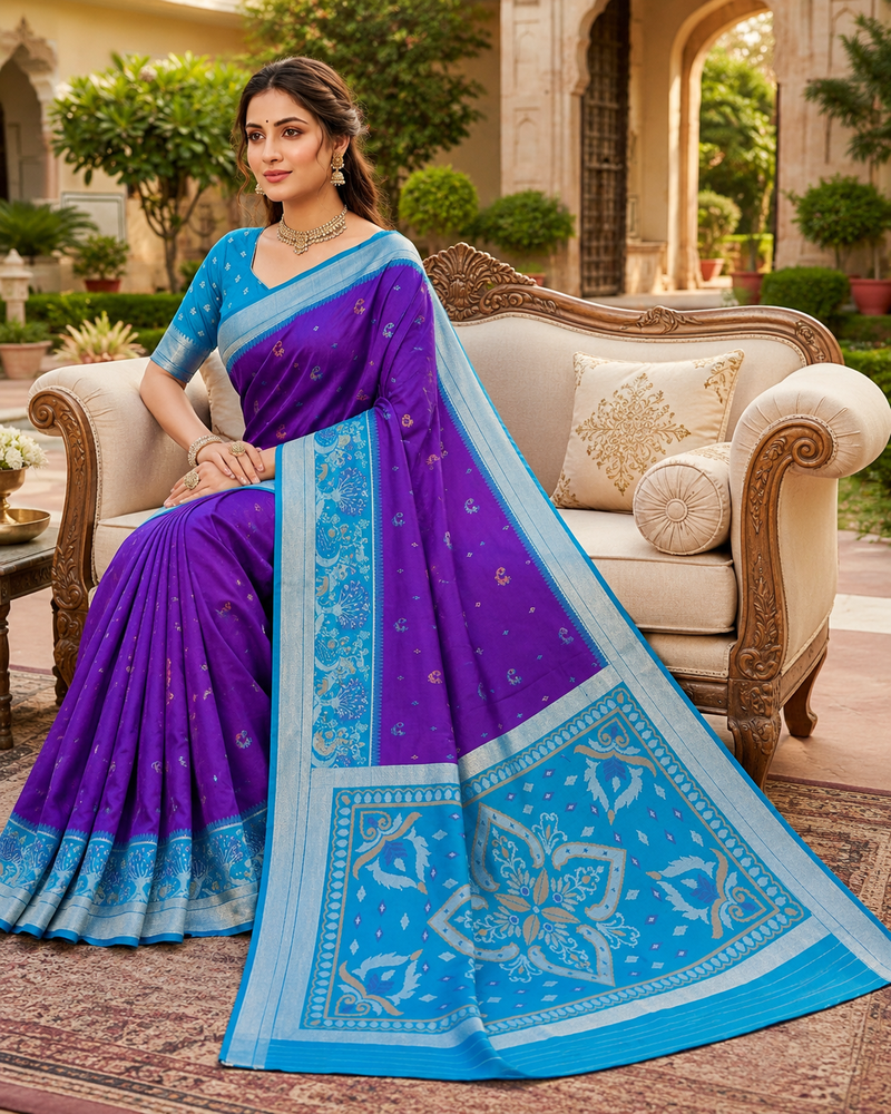 Purple soft silk blend pochampalli saree with zari weaving meenakari design