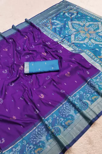 Purple soft silk blend pochampalli saree with zari weaving meenakari design