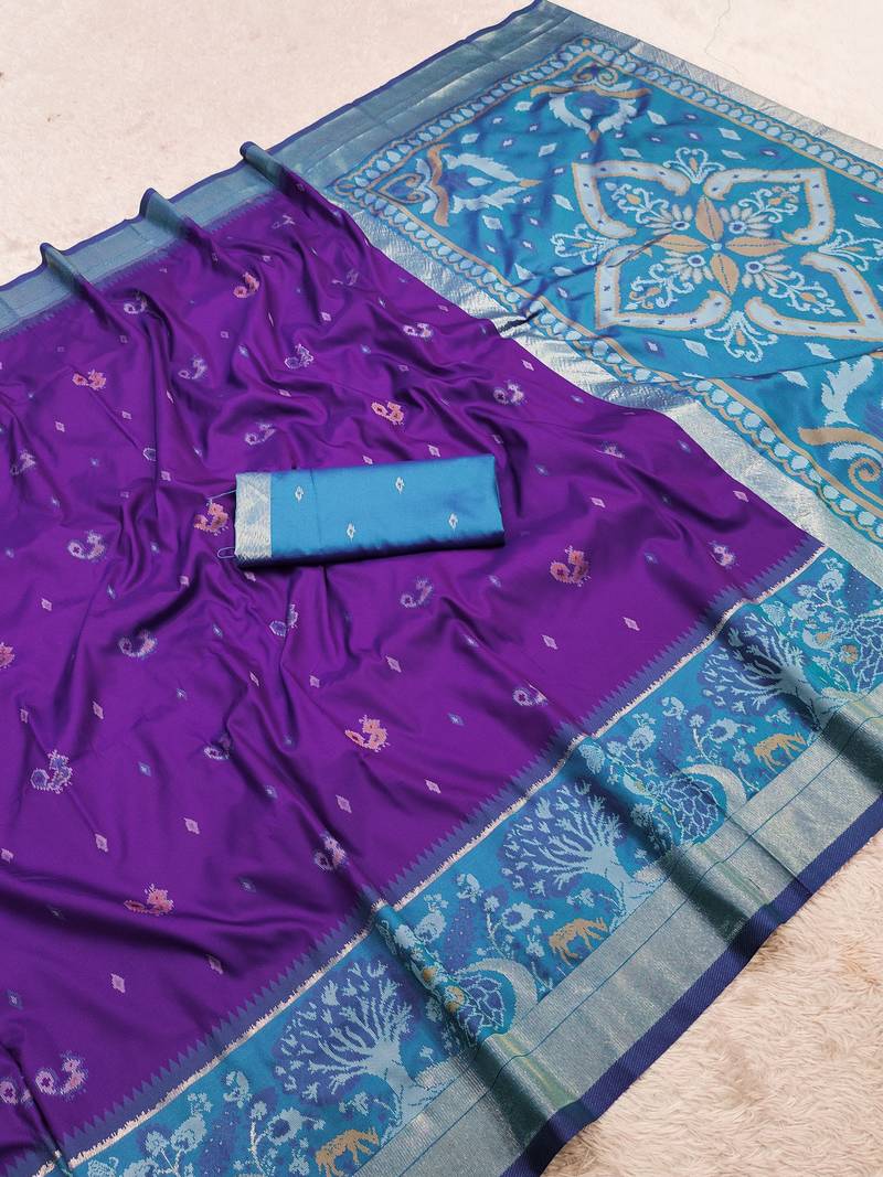 Purple soft silk blend pochampalli saree with zari weaving meenakari design