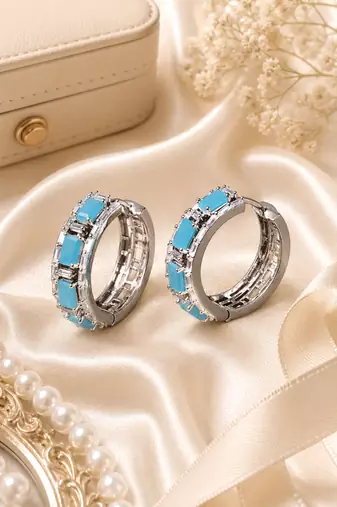 Rhodium finish luxury stone hoop earrings