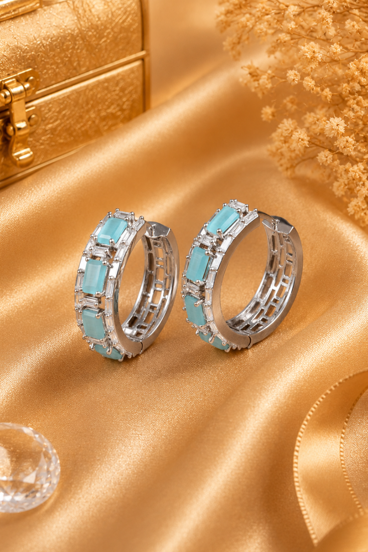 Rhodium finish luxury stone hoop earrings