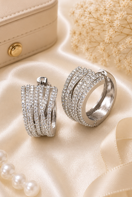 Rhodium Finish American Diamond Hoop Earrings 1
