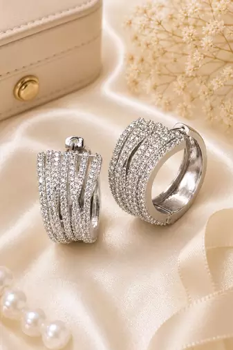 Rhodium Finish American Diamond Hoop Earrings