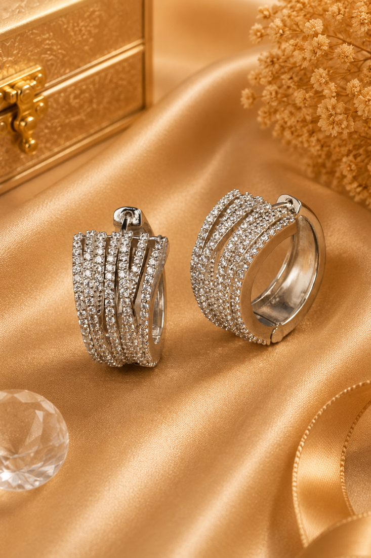 Rhodium Finish American Diamond Hoop Earrings