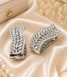 silver color rhodium finish elegant curved american diamond hoop earrings